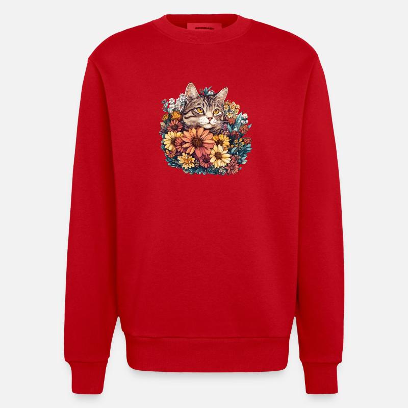Chat dans une couronne de fleurs - Sweat bio épais oversize fabriqué en UE - rouge
