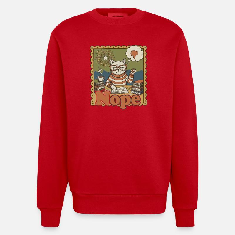 Nein Katze: Retro Nerd Schreibtischkunst - Heavyweight Oversized Organic Crew Neck Made in EU - Rot