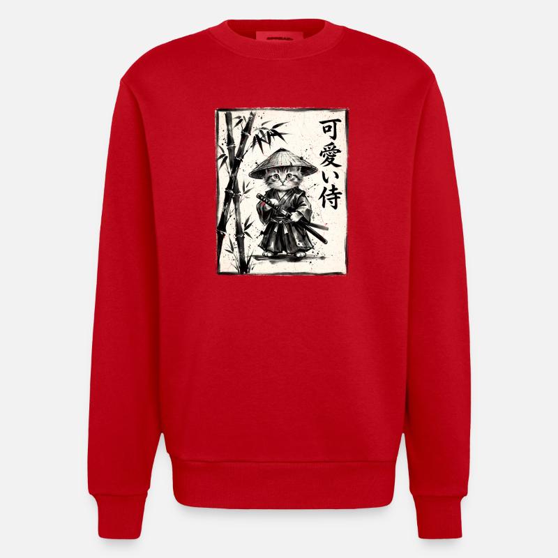 Samurai Cat Sumi-e Ink Drawing - Heavyweight Oversized Organic Crew Neck Made in EU - red