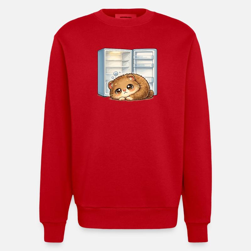 Petit chat devant un réfrigérateur ouvert - Sweat bio épais oversize fabriqué en UE - rouge