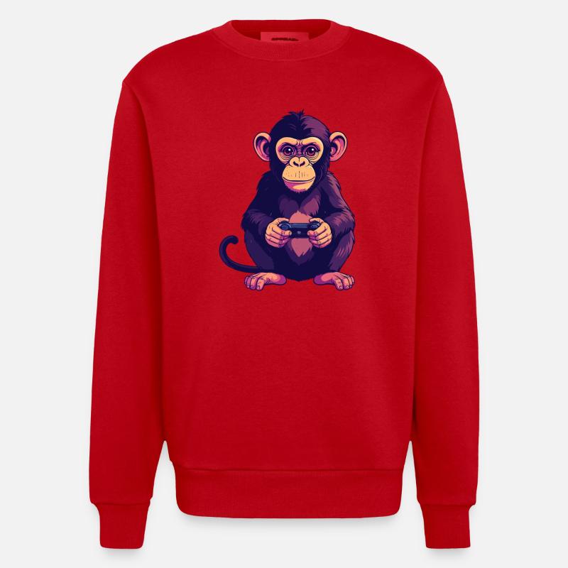 Monkey on controller playing console gaming - Heavyweight Oversized Organic Crew Neck Made in EU - red
