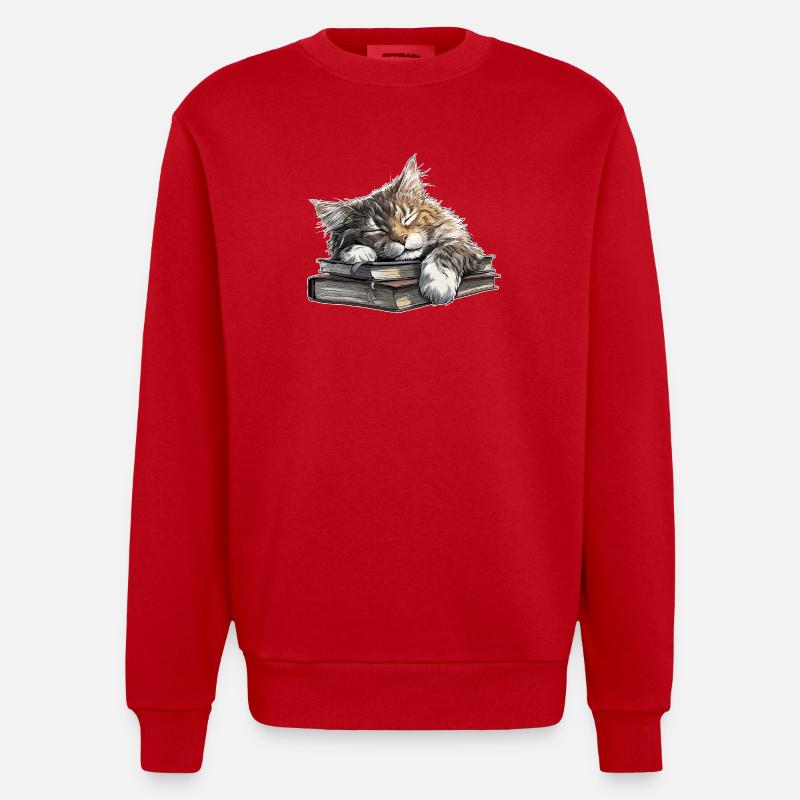 Süße Katze schläft auf Bücherstapel - Heavyweight Oversized Organic Crew Neck Made in EU - Rot
