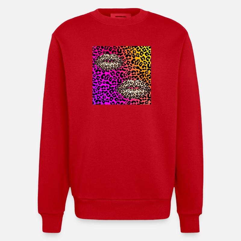 Leopard Lips on Neon Gradient - Heavyweight Oversized Organic Crew Neck Made in EU - red