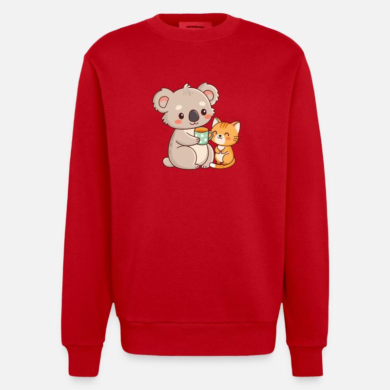 Koala et chat café mignon - Sweat bio épais oversize fabriqué en UE - rouge
