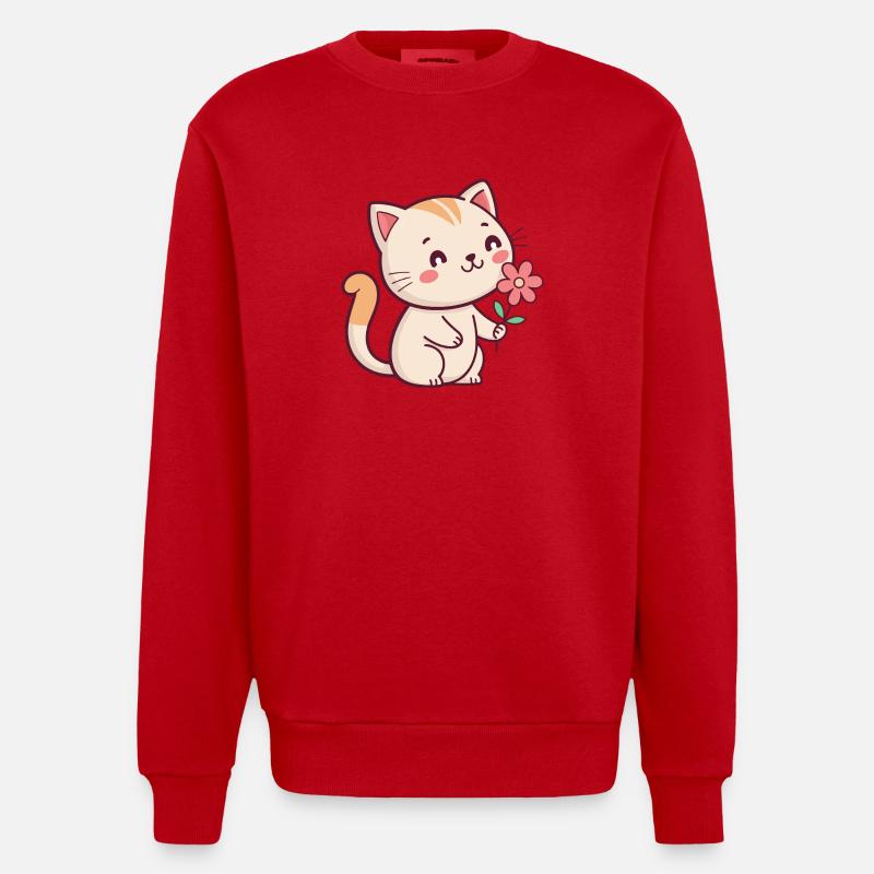Chaton et fleur - Sweat bio épais oversize fabriqué en UE - rouge