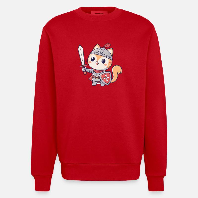 Chat Chevalier Épée et Bouclier - Sweat bio épais oversize fabriqué en UE - rouge