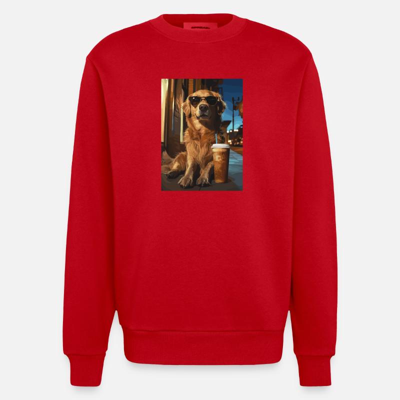 Golden Retriever mit Eiskaffee - Heavyweight Oversized Organic Crew Neck Made in EU - Rot