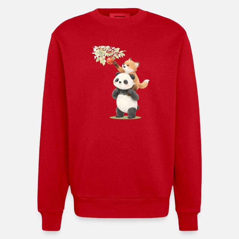 Panda and fox with apple illustration - Heavyweight Oversized Organic Crew Neck Made in EU - red