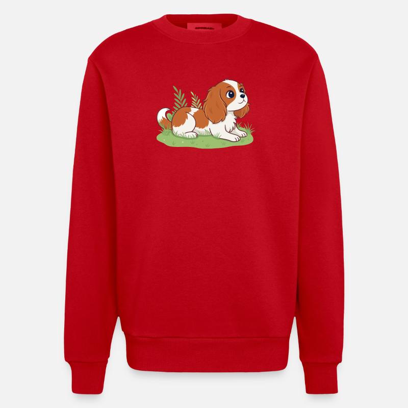 Chiot Cavalier sur herbe joyeuse - Sweat bio épais oversize fabriqué en UE - rouge