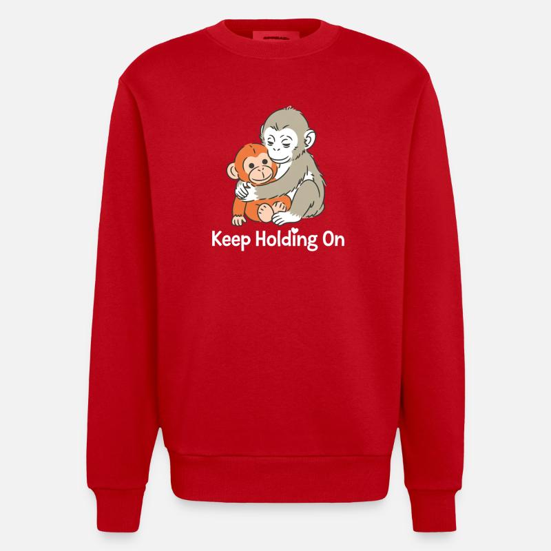 Keep Holding On Monkey Hug - Heavyweight Oversized Organic Crew Neck Made in EU - red