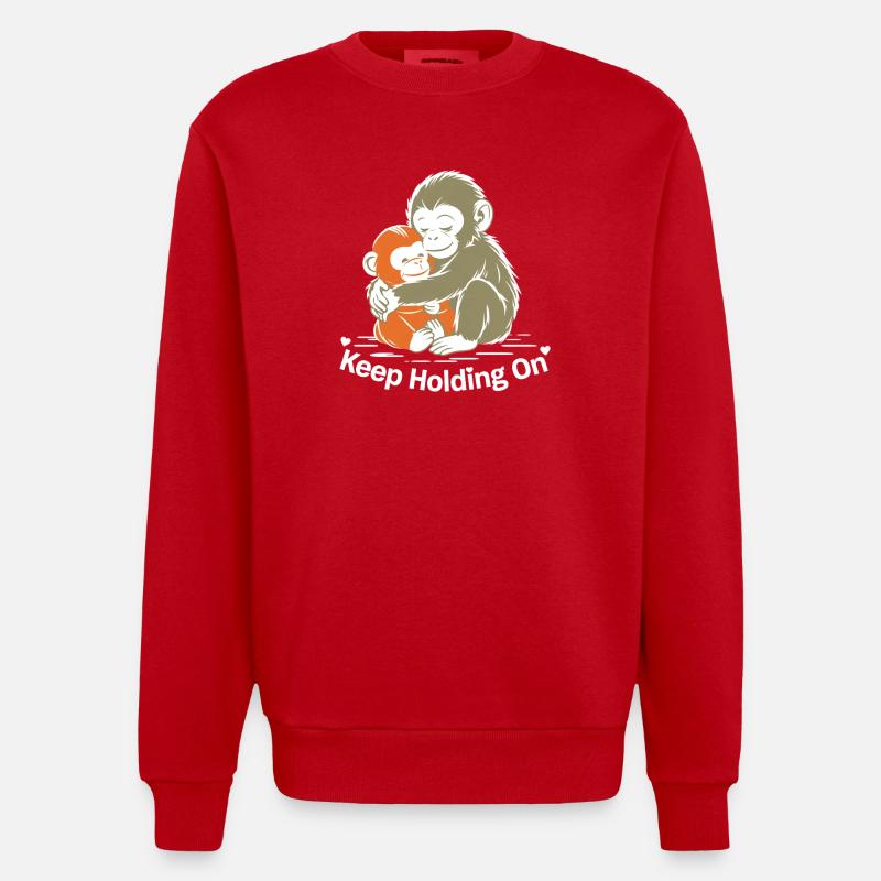 Keep Holding On Monkey Hug - Heavyweight Oversized Organic Crew Neck Made in EU - red