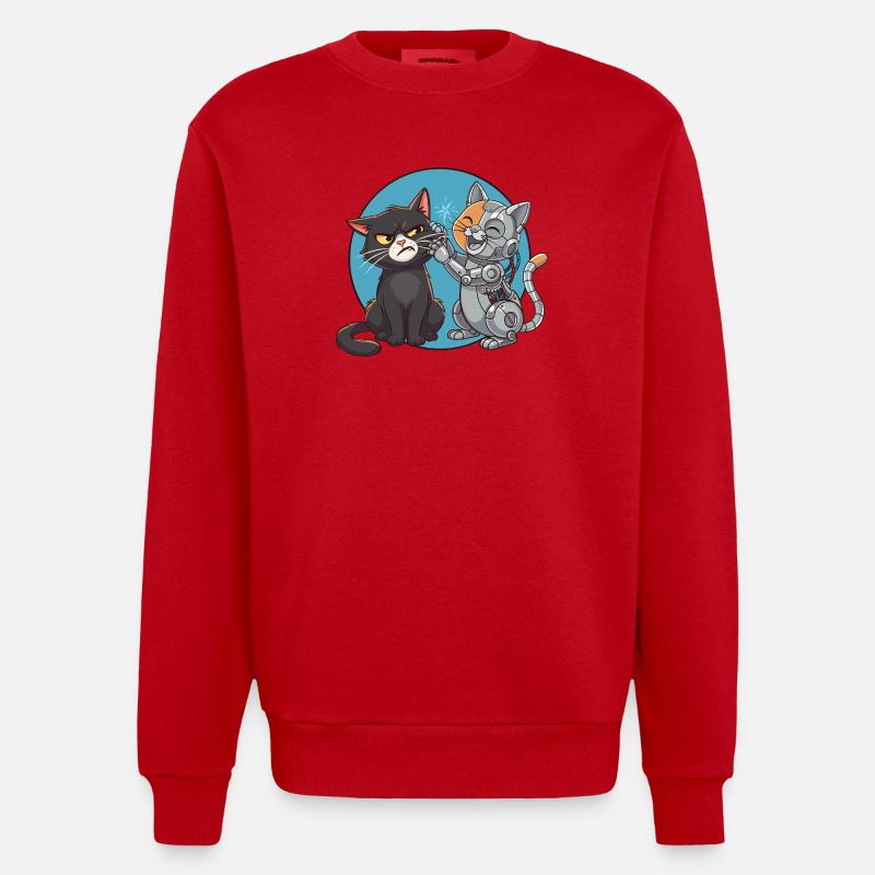 Chat et robot - Sweat bio épais oversize fabriqué en UE - rouge