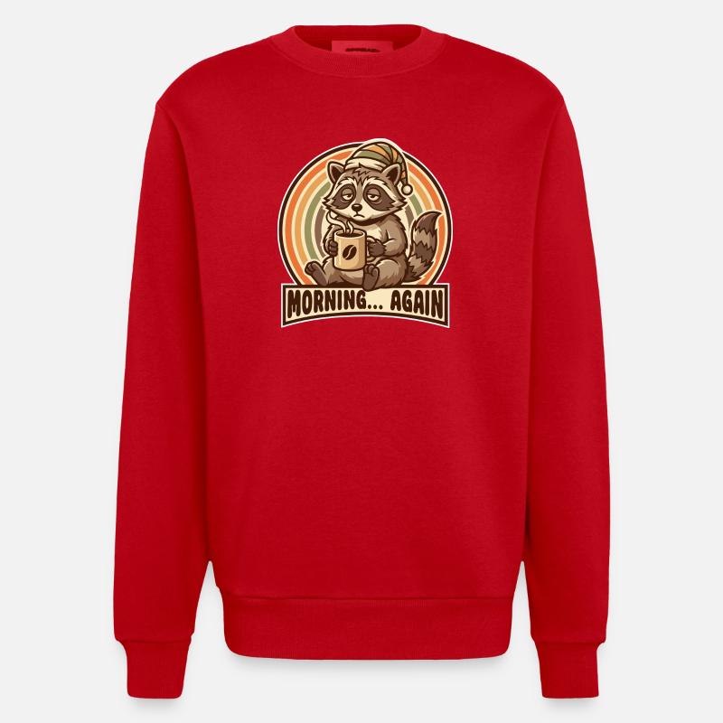Morgenmuffel Waschbär mit Kaffee - Sweat bio épais oversize fabriqué en UE - rouge