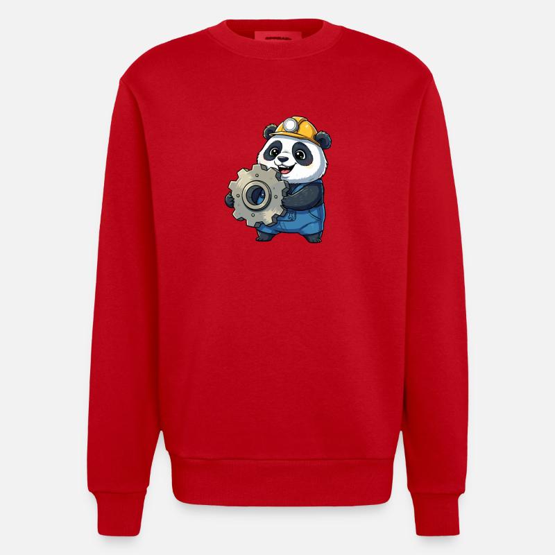 Panda Construction Worker with Gear - Heavyweight Oversized Organic Crew Neck Made in EU - red