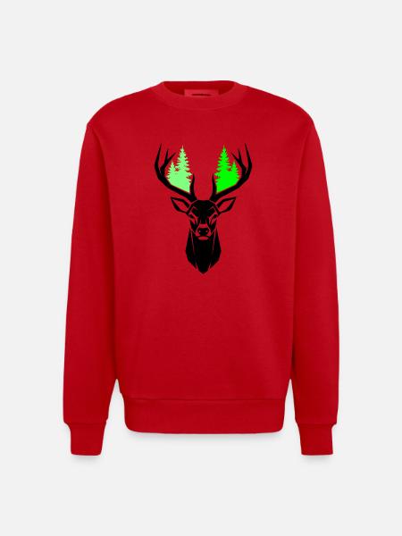 Deer Head Fir Trees Natural Green - Heavyweight Oversized Organic Crew Neck Made in EU - red