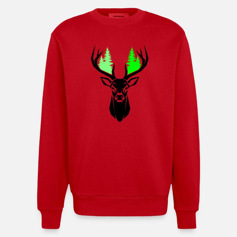 Deer Head Fir Trees Natural Green - Heavyweight Oversized Organic Crew Neck Made in EU - red