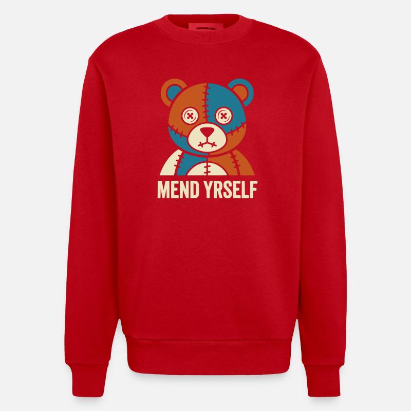 Patchwork Bear: Stitches & Contrast - Heavyweight Oversized Organic Crew Neck Made in EU - red