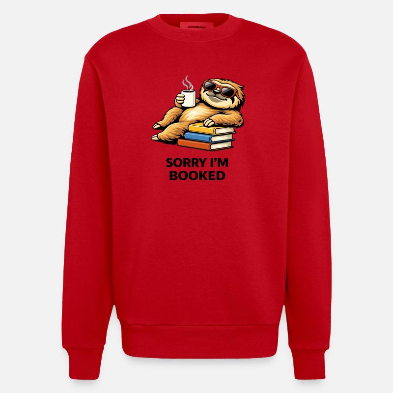 Cozy Sloth Reading Stack - Heavyweight Oversized Organic Crew Neck Made in EU - red