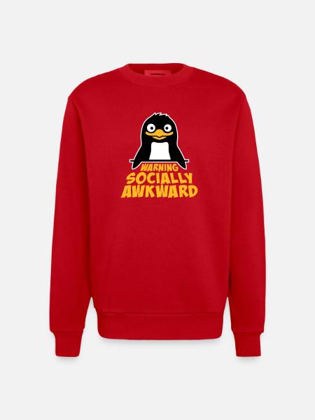 Penguin Warning Socially Awkward Funny Clumsy - Heavyweight Oversized Organic Crew Neck Made in EU - red