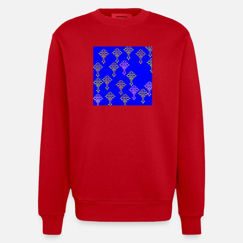 Neon Cross Pattern on Cobalt Blue - Heavyweight Oversized Organic Crew Neck Made in EU - red
