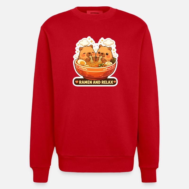 Capybara Ramen & Relax Sticker - Heavyweight Oversized Organic Crew Neck Made in EU - red