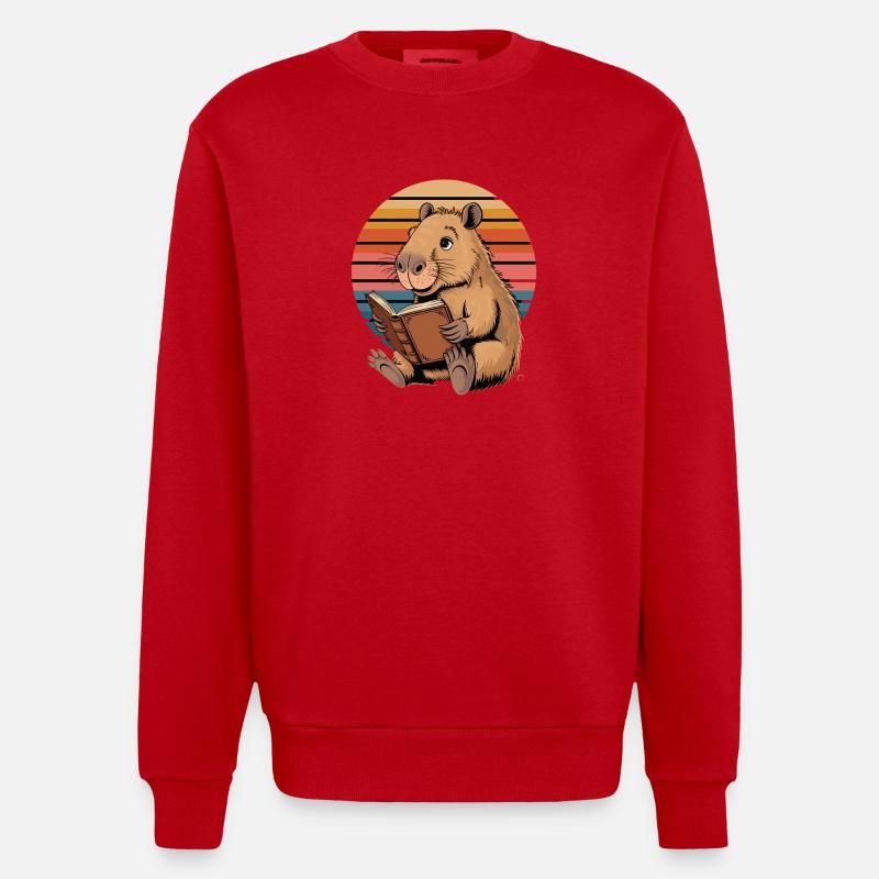 Reading Capybara Retro Sunset for - Heavyweight Oversized Organic Crew Neck Made in EU - red