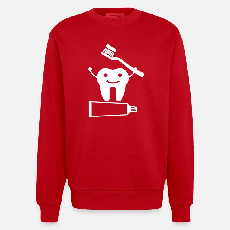 Tooth with toothbrush and toothpaste - Heavyweight Oversized Organic Crew Neck Made in EU - red