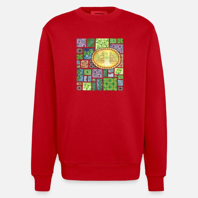 Bali temple on pattern patchwork - Heavyweight Oversized Organic Crew Neck Made in EU - Rot