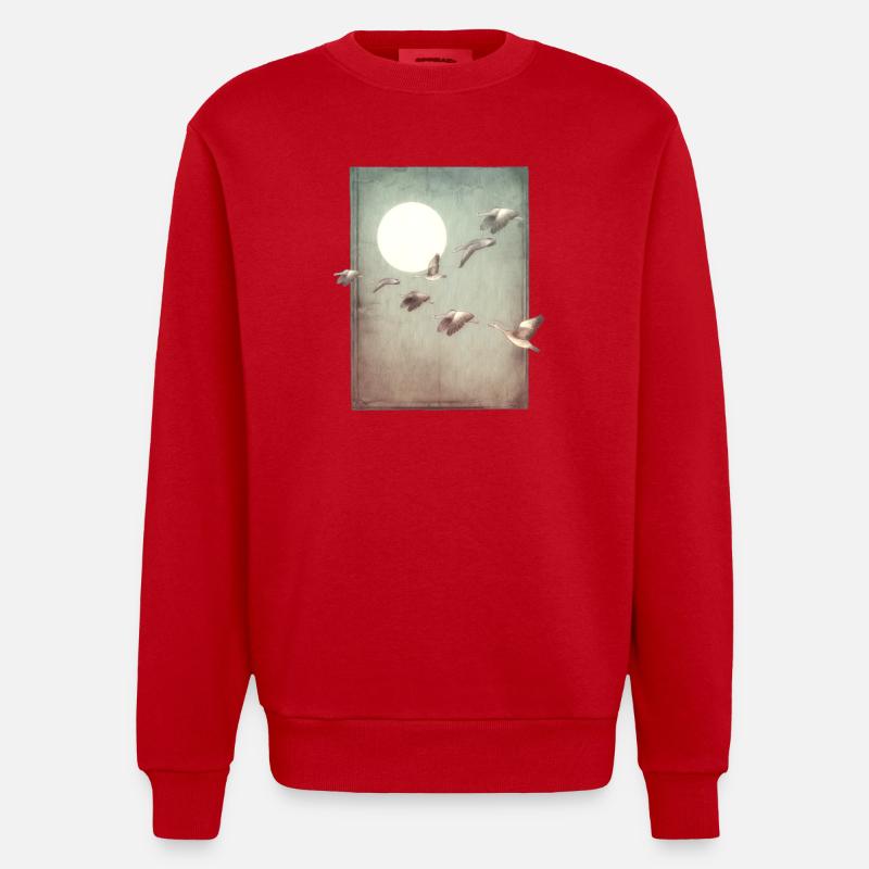 Wildgänse im Flug - handgeschnitzte Druckvorlage - Heavyweight Oversized Organic Crew Neck Made in EU - Rot