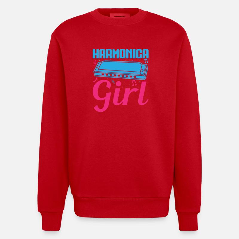 Funny Harmonica Player Girl Harmonica - Heavyweight Oversized Organic Crew Neck Made in EU - red