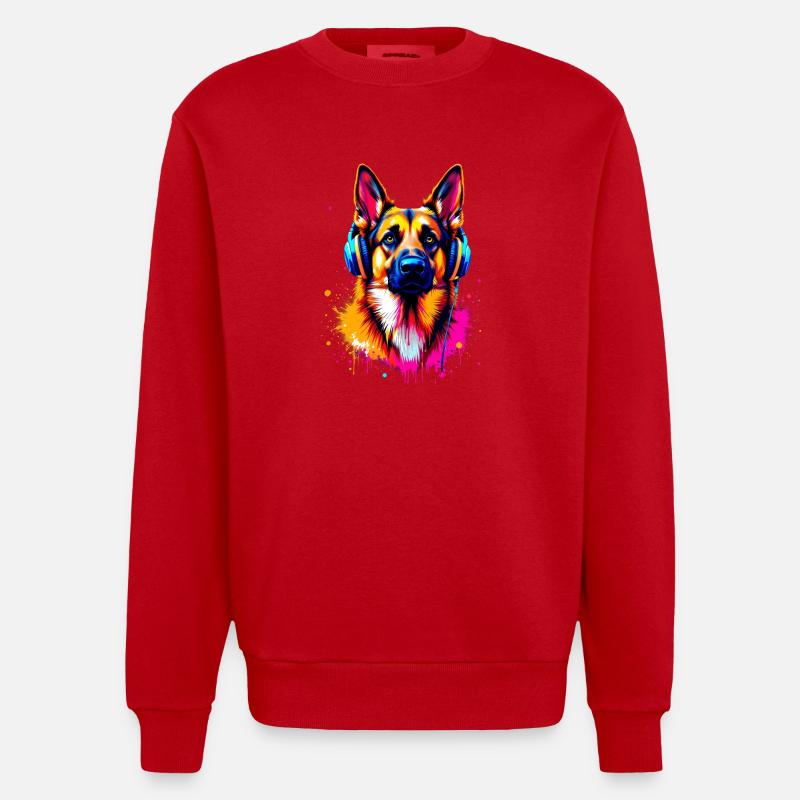 Deutscher Schäferhund mit Kopfhörer - Heavyweight Oversized Organic Crew Neck Made in EU - Rot