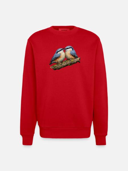 Two Nuthatches on Branch - Heavyweight Oversized Organic Crew Neck Made in EU - red