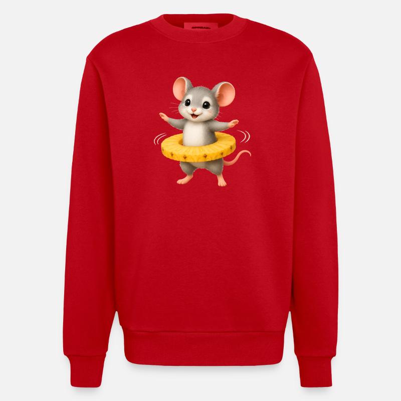 Fröhliche Maus mit Ananas Ring  - Heavyweight Oversized Organic Crew Neck Made in EU - Rot