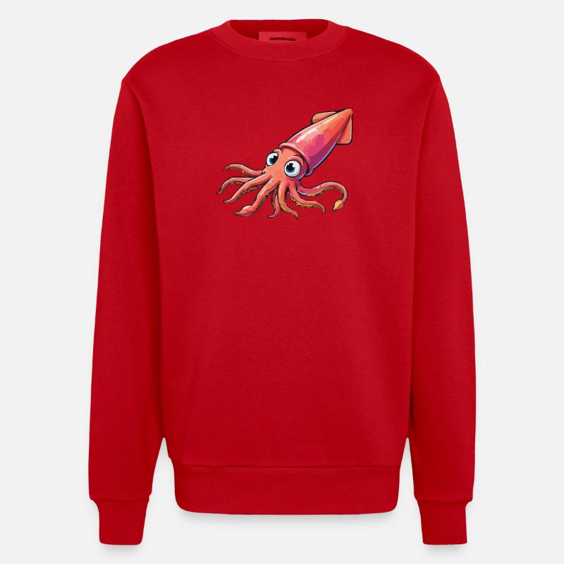 Dessin animé Calamar - Sweat bio épais oversize fabriqué en UE - rouge