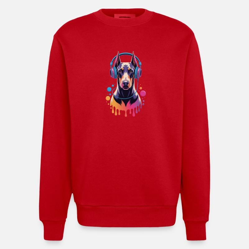 Dobermann mit Kopfhörern - Heavyweight Oversized Organic Crew Neck Made in EU - Rot