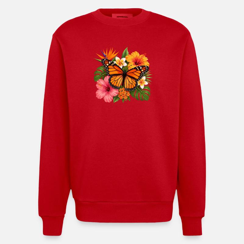 Fleur tropicale du papillon monarque - Sweat bio épais oversize fabriqué en UE - rouge