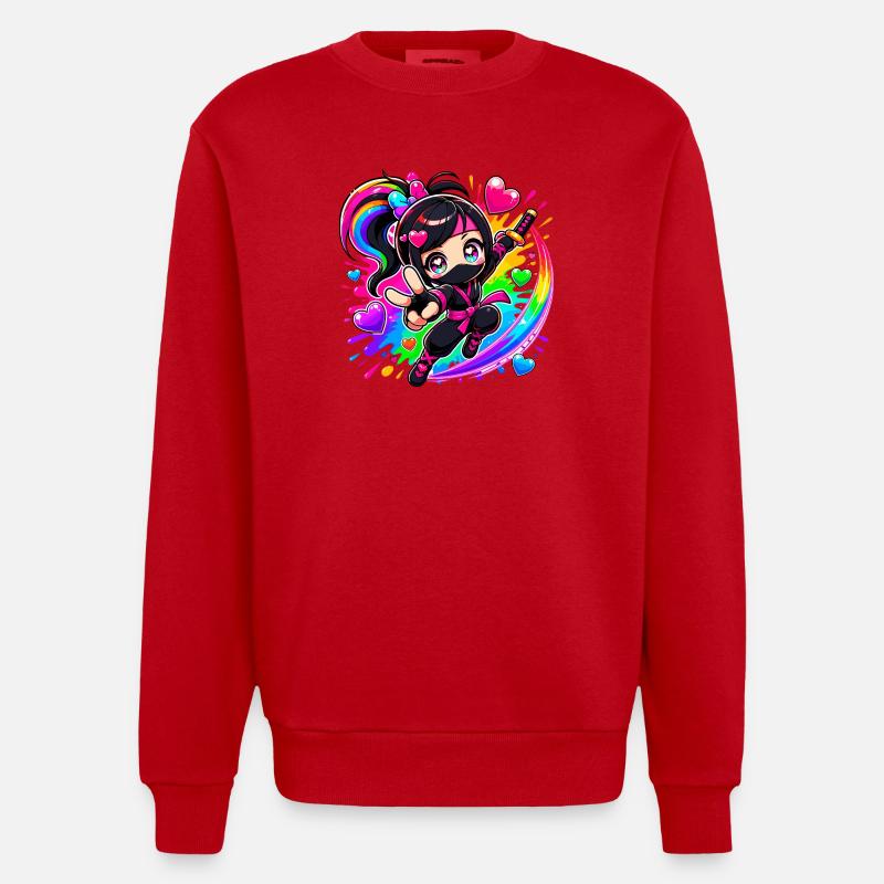 Regenbogen Ninja mit Herzen - Heavyweight Oversized Organic Crew Neck Made in EU - Rot