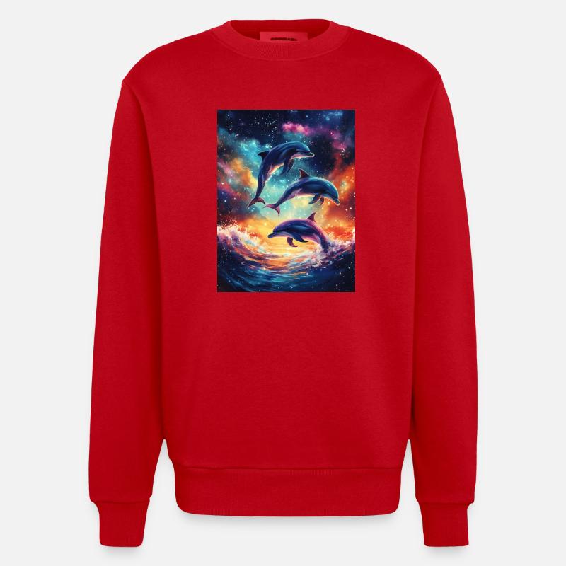 Bunte Delfine Galaxy - Heavyweight Oversized Organic Crew Neck Made in EU - Rot