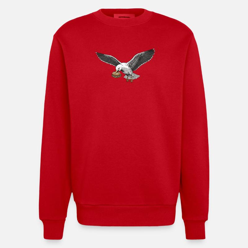 Funny Seagull Steals Fish Rolls Beach - Heavyweight Oversized Organic Crew Neck Made in EU - red