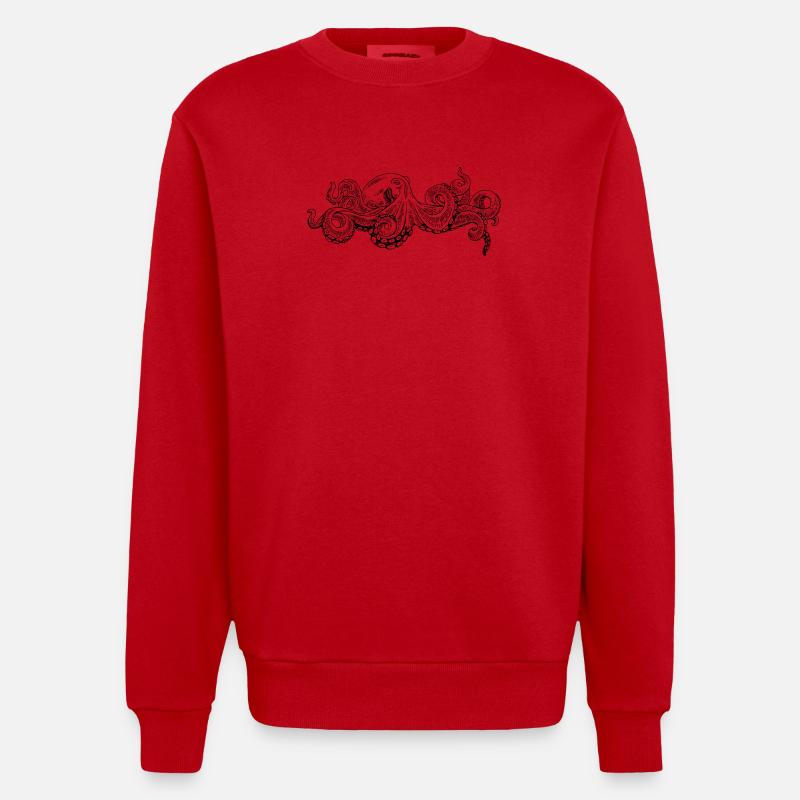 Octopus - Octopus Black Pattern - Heavyweight Oversized Organic Crew Neck Made in EU - red