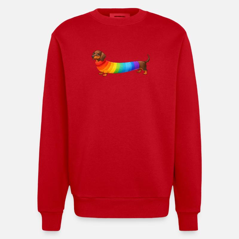 Dackel mit Regenbogen Pullover  - Heavyweight Oversized Organic Crew Neck Made in EU - Rot
