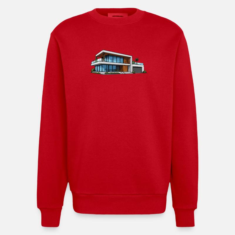 Illustration d’architecture moderne de villas - Sweat bio épais oversize fabriqué en UE - rouge
