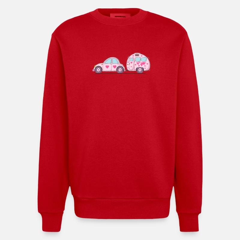Auto mit Wohnwagen Rosa Herz - Heavyweight Oversized Organic Crew Neck Made in EU - Rot