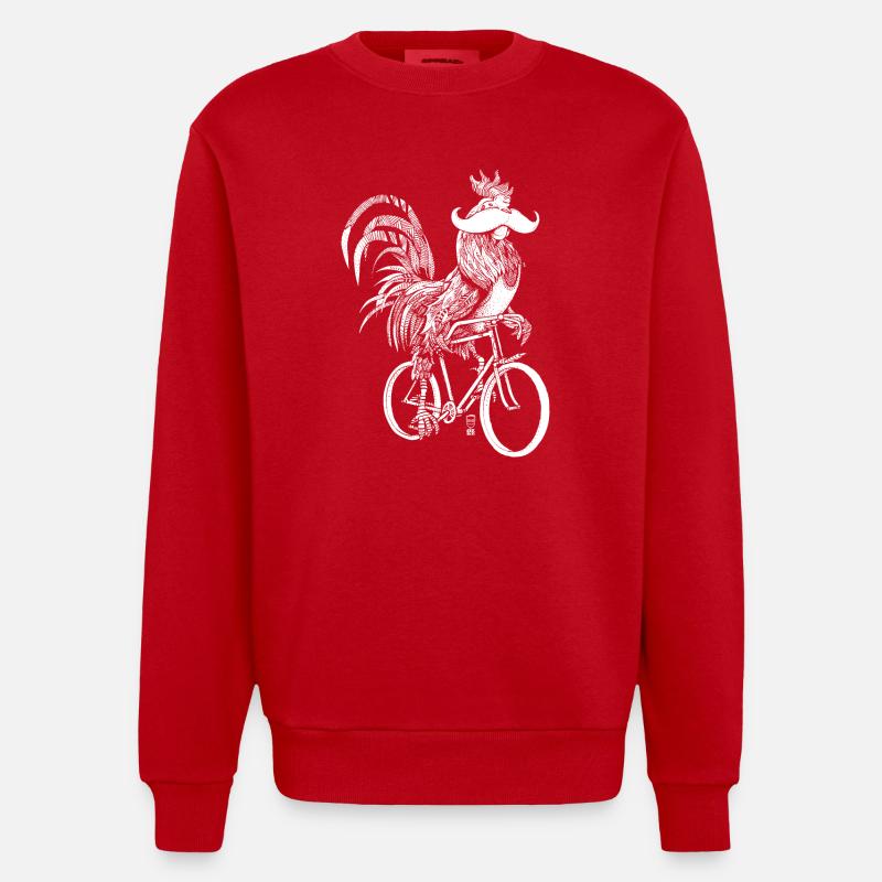 Rooster & Bicycles - white version - Heavyweight Oversized Organic Crew Neck Made in EU - red