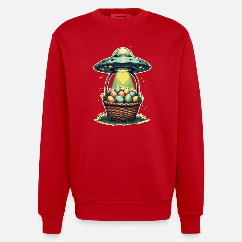Alien Easter Egg Abduction Design - Heavyweight Oversized Organic Crew Neck Made in EU - red