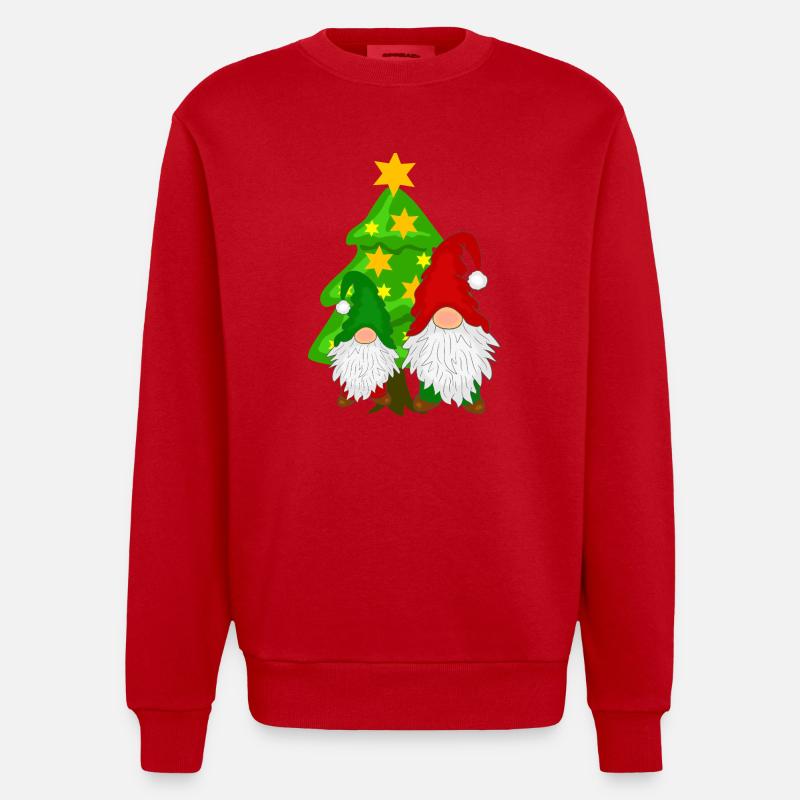 Gnome devant le sapin de Noël - Sweat bio épais oversize fabriqué en UE - rouge