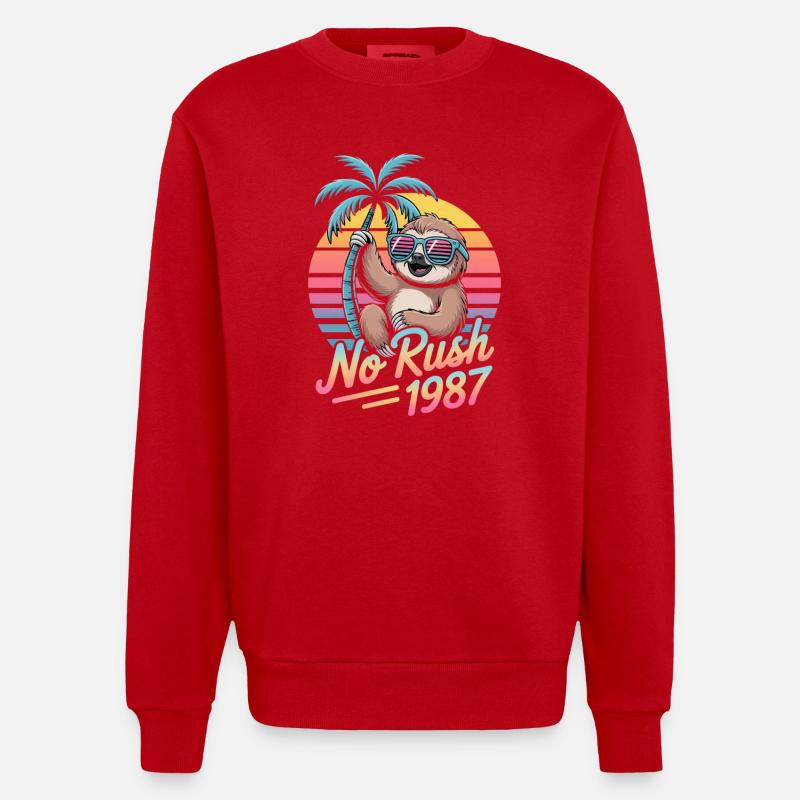 No Rush 1987 Sloth Retro Sunset - Sweat bio épais oversize fabriqué en UE - rouge
