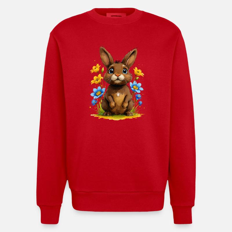 Lapin brun mignon parmi les fleurs - Sweat bio épais oversize fabriqué en UE - rouge