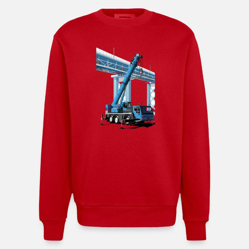 Mobile crane assembles bridge sections - Heavyweight Oversized Organic Crew Neck Made in EU - red