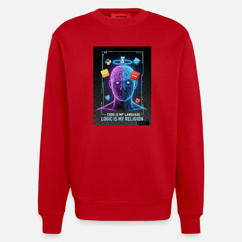 Code & Logic Cyberpunk Tech Brain T-Shirt - Sweat bio épais oversize fabriqué en UE - rouge